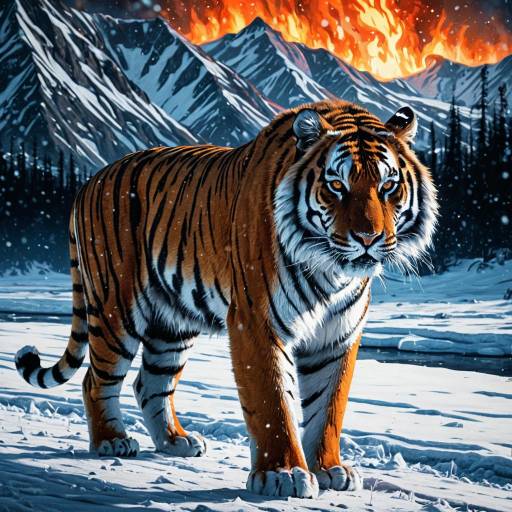 Majestic Tiger in Snowy Tundra with Fiery Mountain Background