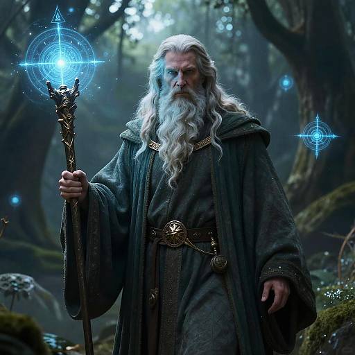 Mystical forest scene with a white-bearded, gray-robed wizard holding a glowing staff, surrounded by ethereal blue magical orbs. Photoreal