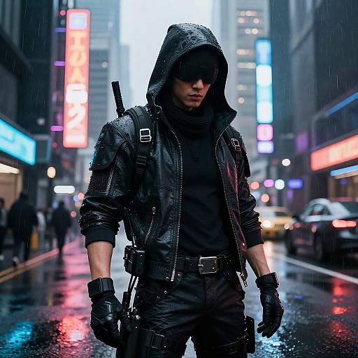 Cyberpunk city street at night, rain-soaked, a hooded, black-clad male assassin with gloves, backpack, and gun, stands