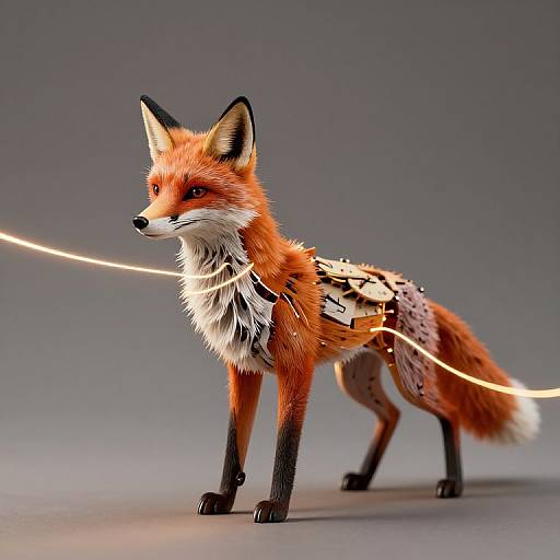Photorealistic CGI of a red fox with glowing light trails across its body, standing against a gradient gray background.
