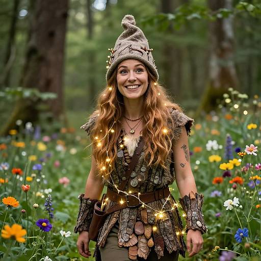 Photograph of a smiling, fair-skinned woman with long wavy red hair, wearing a fantasy forest elf outfit with coin armor, fairy lights,