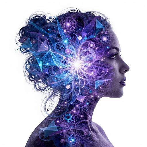 Silhouetted female profile with a glowing, abstract, geometric, and cosmic design inside her head, featuring stars, triangles, and light bursts,