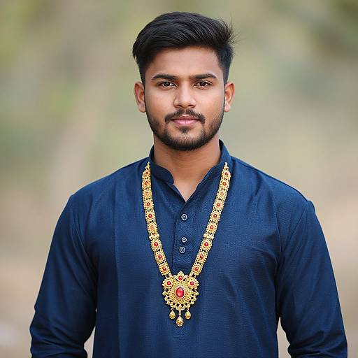 Photograph of a young Indian man with short black hair, trimmed beard, wearing a dark blue kurta, adorned with a gold and red necklace against