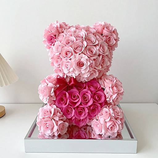 Photograph of a three-tiered arrangement of pink and red roses, reflected in a mirror, against a white background.