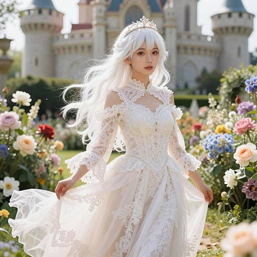 Photograph of a fair-skinned woman with long white hair, wearing a lace white dress and tiara, standing in a sunlit, vibrant flower
