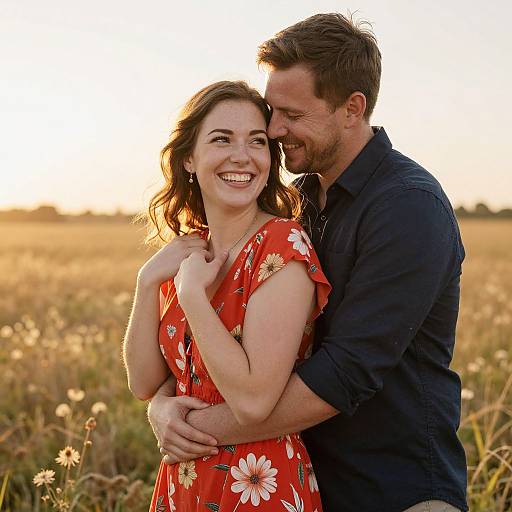 Couple Embrace in Sunset Field