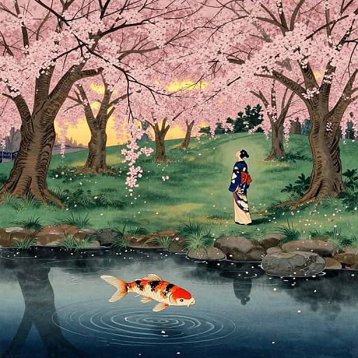 Digital illustration of a Japanese girl in a kimono, standing by a serene pond with a koi fish, surrounded by pink cherry blossom trees at sunset