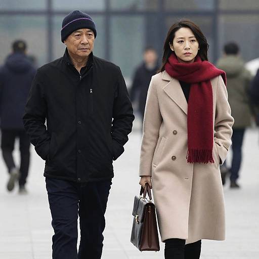 Two People Walking Outdoors in Winter Clothing