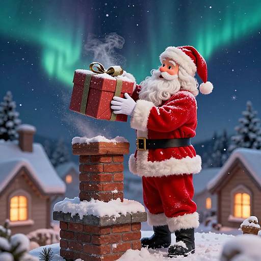Santa Claus in red suit, holding steaming gift box, standing on snowy brick chimney, aurora borealis backdrop, snowy village. Digital art.