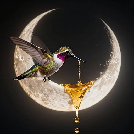 Photograph of a iridescent hummingbird with purple throat, sipping amber syrup drop, against a bright crescent moon in dark sky.