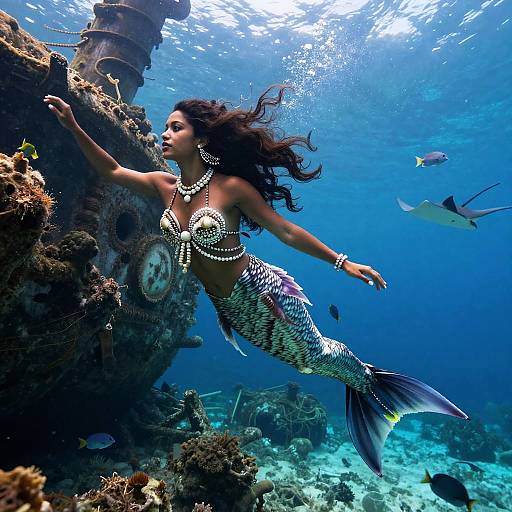 Photograph of a mermaid with dark hair, shimmering silver scales, and a bejeweled top, swimming underwater among coral reefs and sun
