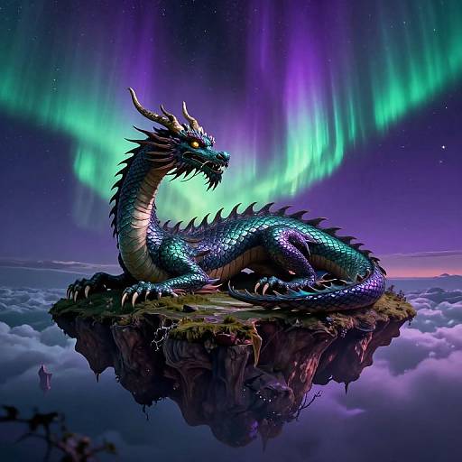 Digital art of a shimmering blue and purple dragon with glowing yellow eyes, lying on a floating rock under vibrant northern lights.