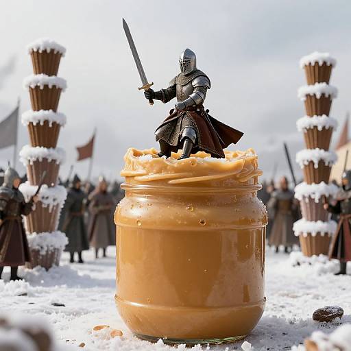 Photograph of a knight figurine with sword on a jar of peanut butter, surrounded by snowy cupcakes and armor-clad figures.