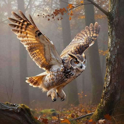 Photograph of a brown, white, and black speckled owl mid-flight in a misty, autumn forest with orange leaves and tall trees.