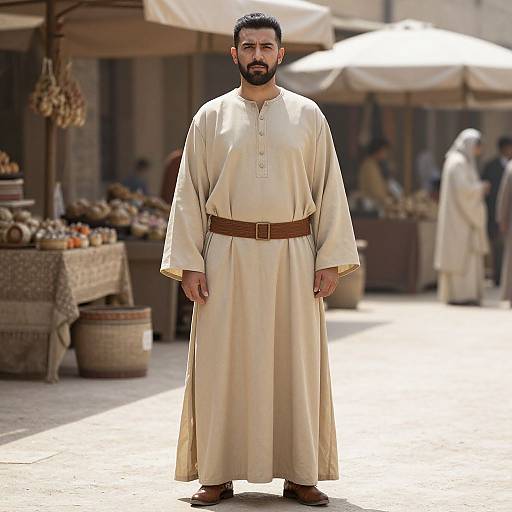 Photograph of a bearded Middle Eastern man in beige traditional robe and brown belt, standing in a sunlit outdoor market with blurred vendors and umbrellas