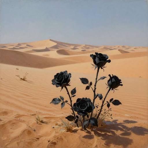 Photograph of black roses in a sunlit desert with golden sand dunes and a clear blue sky in the background.