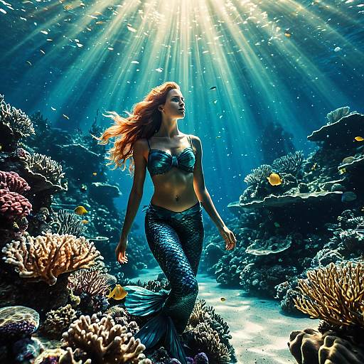 Lost Mermaid in Underwater Coral Reef