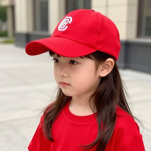 Photograph of an Asian girl with fair skin, long black hair, wearing a bright red cap and matching red shirt, standing outdoors with a blurred urban