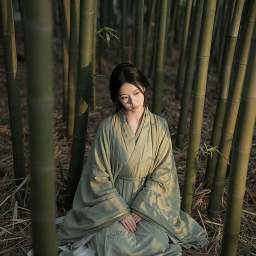 Photograph of an East Asian woman with long black hair, wearing a light green kimono, sitting among tall bamboo stalks in a forest, with