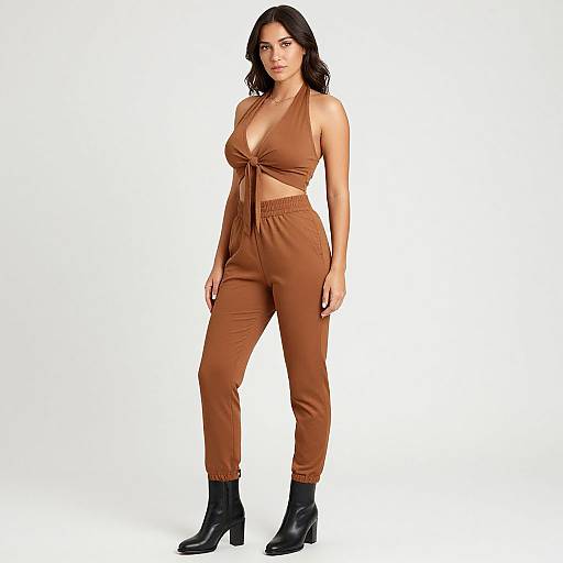 Photograph of a confident woman with long dark hair, wearing a brown halter romper with cutouts, and black ankle boots, standing against a