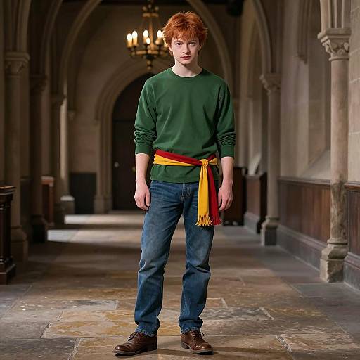 Young Red-Haired Man in Medieval Hallway