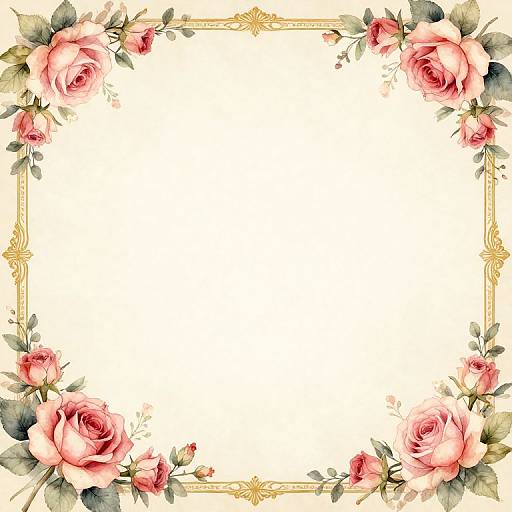 Vintage-style floral border with pink roses, green leaves, and delicate gold frame, centered on a white background. Digital art.