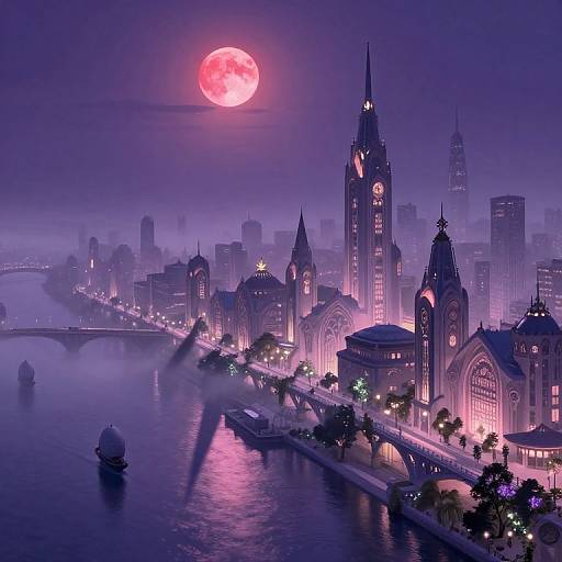 Digital artwork of a misty, purple-hued cityscape at night, with a glowing red moon, illuminated skyscrapers, and a reflective river