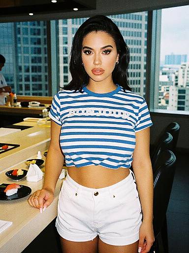 Photograph of a Latina woman with medium skin tone, black hair, and full lips, wearing a blue and white striped crop top and white shorts,