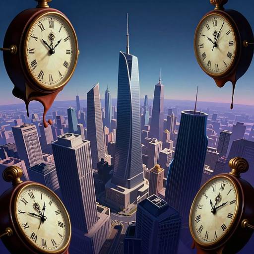 Photograph of a cityscape with tall skyscrapers, featuring four vintage clock faces in the foreground, dripping golden liquid.