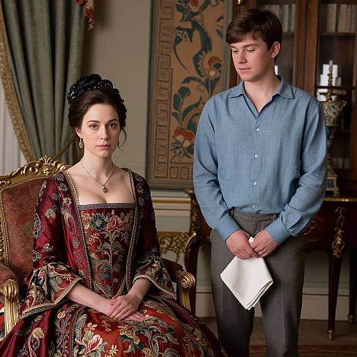 Photograph of a young woman in a Victorian-style red floral gown and a young man in a blue shirt holding a white folder, standing in an orn