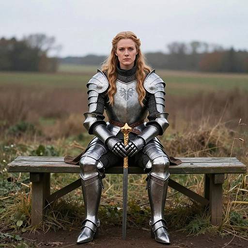 Photograph of a serious, blonde, fair-skinned woman in medieval silver armor, seated on a wooden bench in a grassy, rural field,