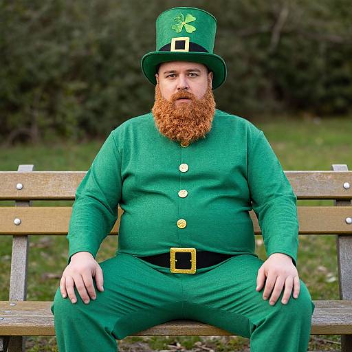 Photograph of a heavyset man with a red beard, wearing a green leprechaun outfit, black belt, and green top hat, sitting