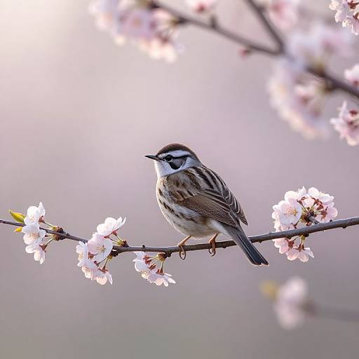 Photograph of a small, brown and white striped sparrow perched on a cherry blossom branch, surrounded by soft pink flowers, against a blurred,