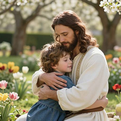 Photograph of a bearded, long-haired Jesus with wavy brown hair, in white robes, hugging a curly-haired, smiling child in blue