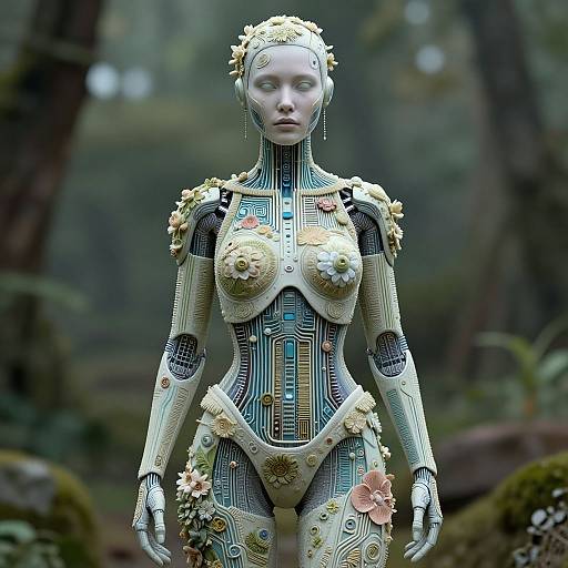 Photorealistic CGI of a humanoid robot with intricate, floral-patterned, circuitry design, adorned with yellow and pink flowers, standing in a mist