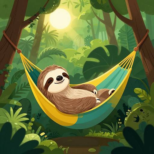 Digital illustration of a smiling sloth lounging in a yellow-blue hammock amidst a lush, sunlit jungle with tall trees and dense foliage.