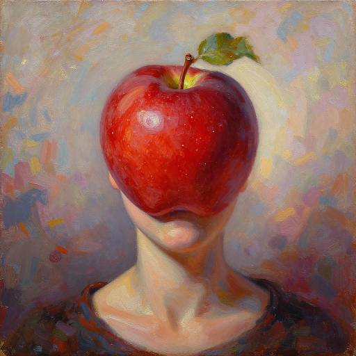 Impressionist-style painting of a vibrant red apple perched on a human neck, with a single green leaf, against a colorful, abstract background.