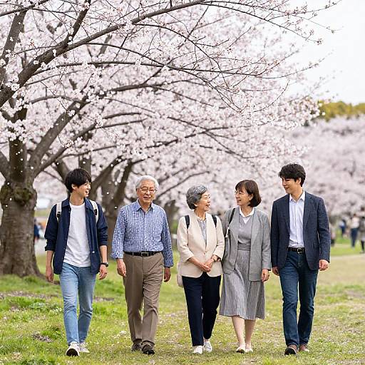 Photograph of five Asian adults, three men and two women, walking under blooming cherry blossom trees in a park. Spring foliage, grass, and