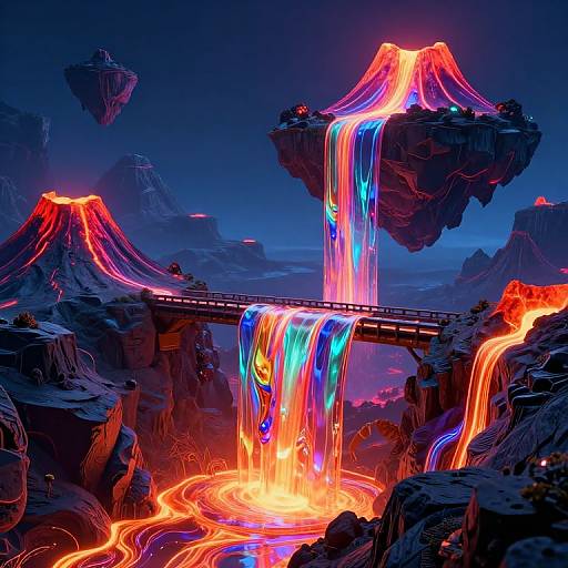 Digital artwork of a neon-lit, futuristic volcanic landscape with glowing waterfalls cascading from floating islands and a bridge, showcasing vibrant blues, reds