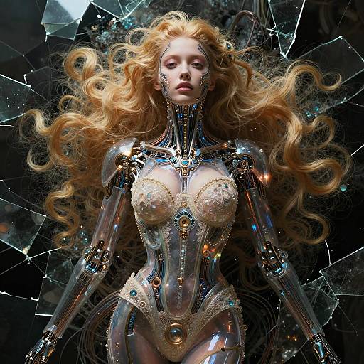 Digital artwork of a futuristic, blonde, fair-skinned cyborg woman with flowing hair, wearing a transparent, ornate, metallic bodysuit,