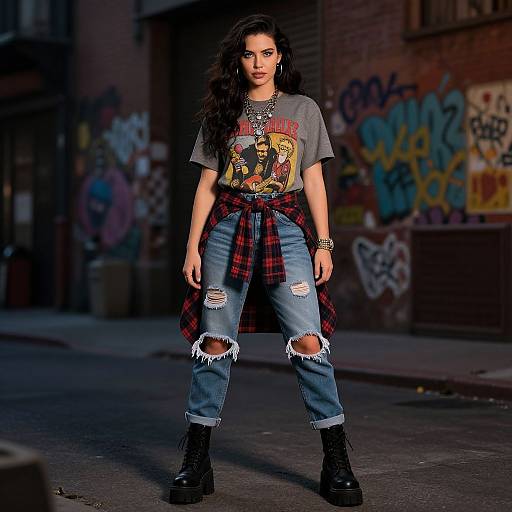 Photograph of a confident woman with long curly hair, wearing a graphic t-shirt, ripped jeans, plaid shirt tied around waist, black boots,
