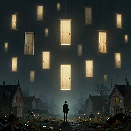 Digital artwork: Silhouetted figure stands in misty, dark village at night, facing glowing, floating windows of old houses in the sky.
