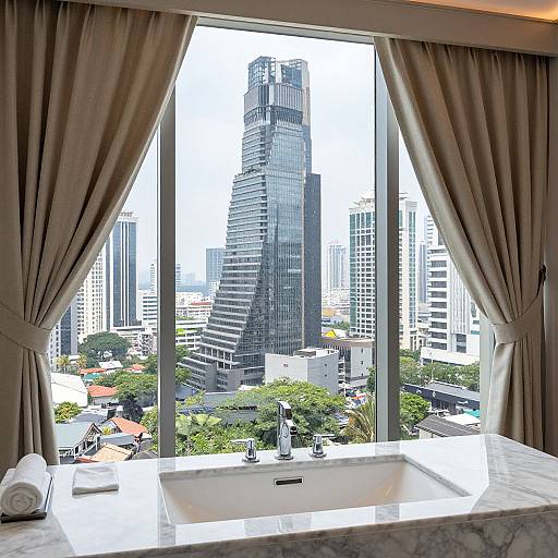 Photograph of a modern cityscape view from a luxurious bathroom, featuring a tall glass skyscraper, framed by beige curtains, and a white marble bathtub