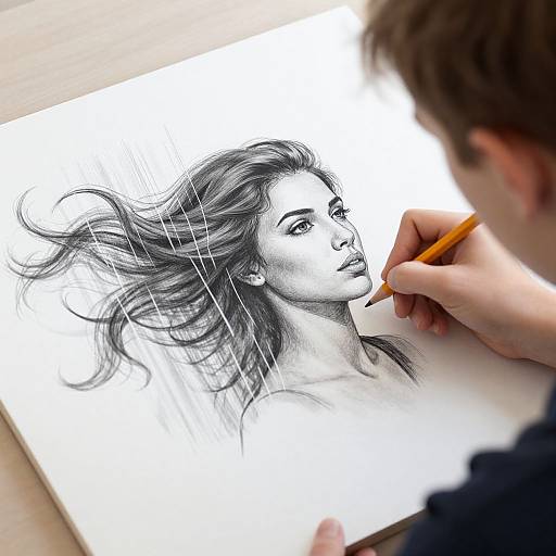 Photograph of a skilled pencil artist drawing a detailed, realistic black-and-white portrait of a woman with flowing hair, using an orange pencil, seen from