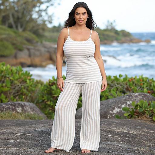 Photograph of a dark-haired woman with olive skin wearing a white striped tank top and pants, standing barefoot outdoors by a rocky shoreline with greenery