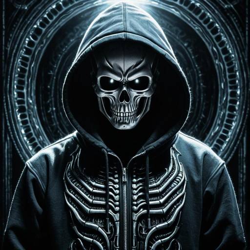 Dark Skeleton Figure in Hooded Hoodie with Biomechanical Design