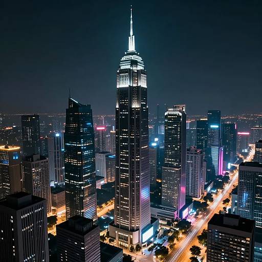 Nighttime photograph of a city skyline, prominently featuring a brightly lit skyscraper with a spire, surrounded by illuminated buildings and neon lights.
