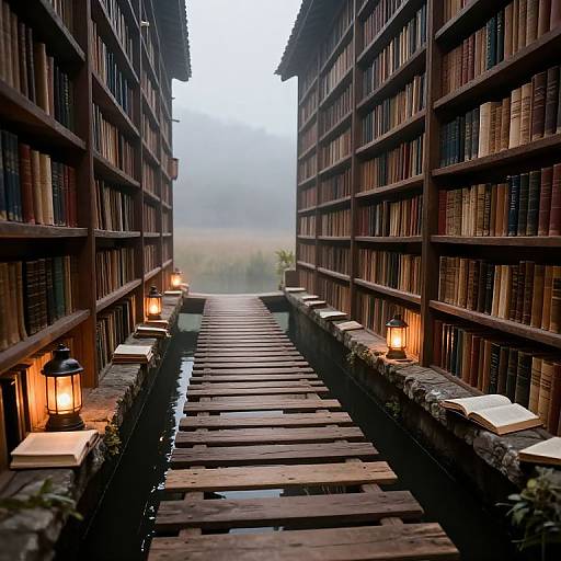 Mystical Book-Lined Waterway Bridge