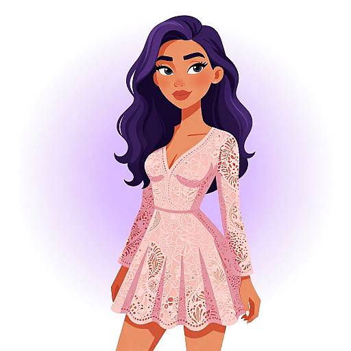 Digital illustration of a confident, dark-haired woman with long wavy hair, wearing a white lace, long-sleeve, V-neck dress, and