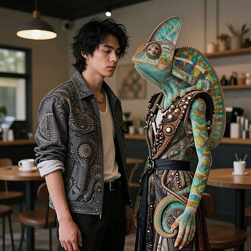 Photograph of a young man with wavy black hair in a textured gray shirt, standing beside a colorful, patterned chameleon in a detailed dress